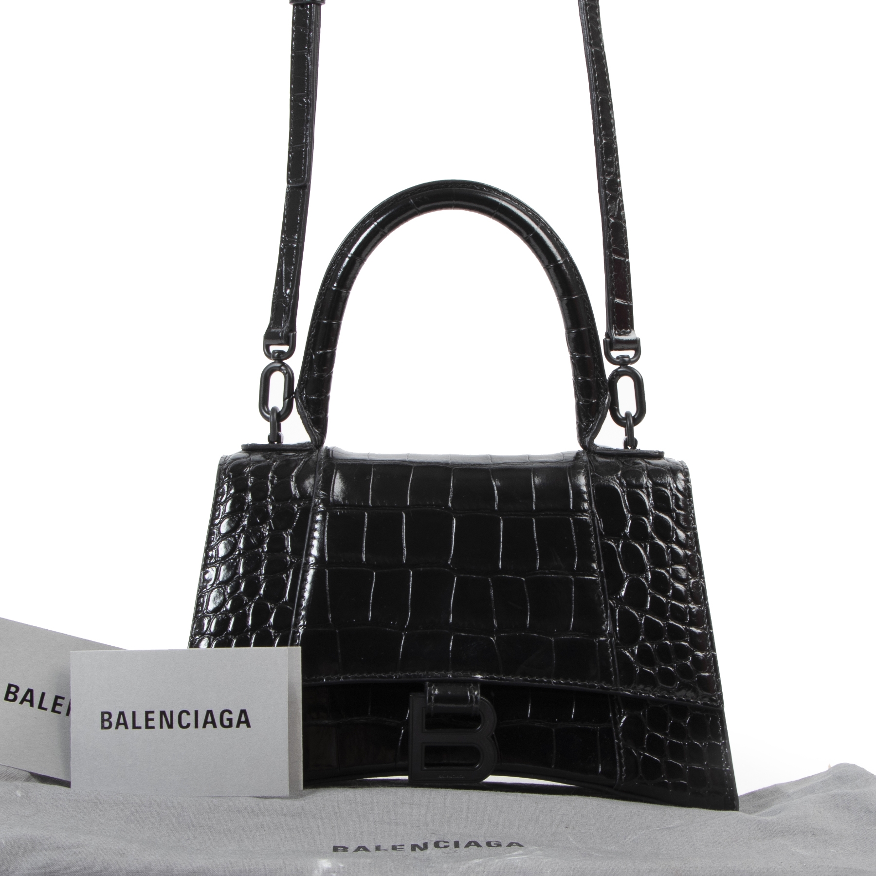 Balenciaga Black Croco Hourglass Small Top Handle Bag