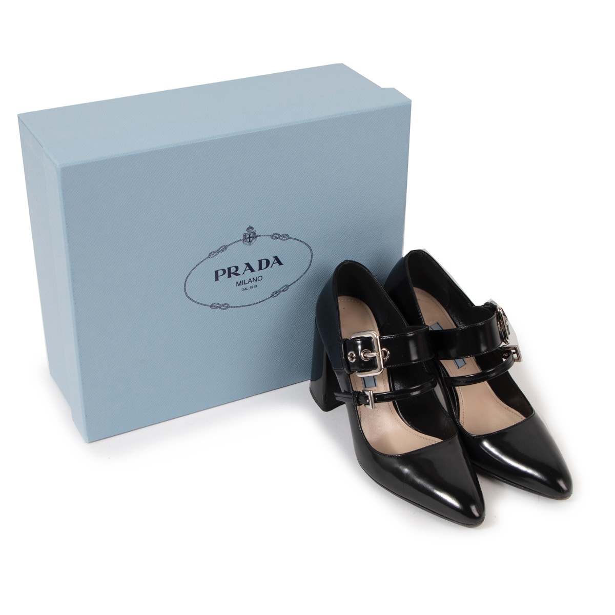 Prada Black Leather Mary Jane Double Belt Buckle Heels