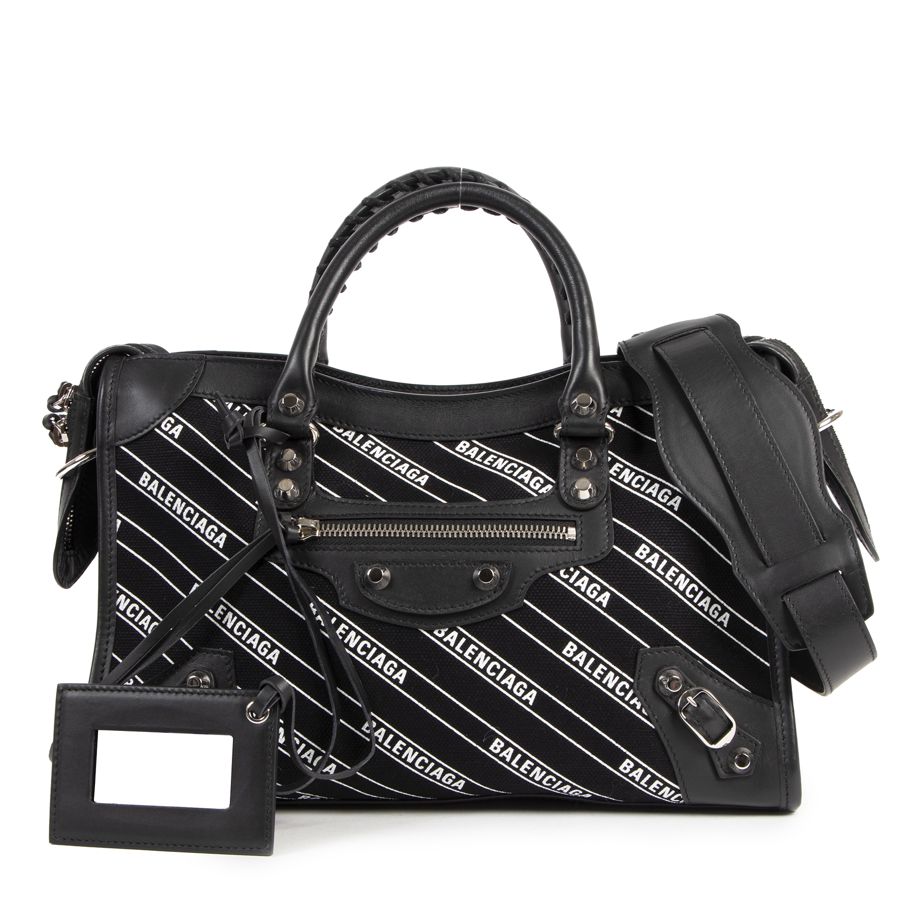 Balenciaga City S Black Leather And Logo Fabric Bag Labellov