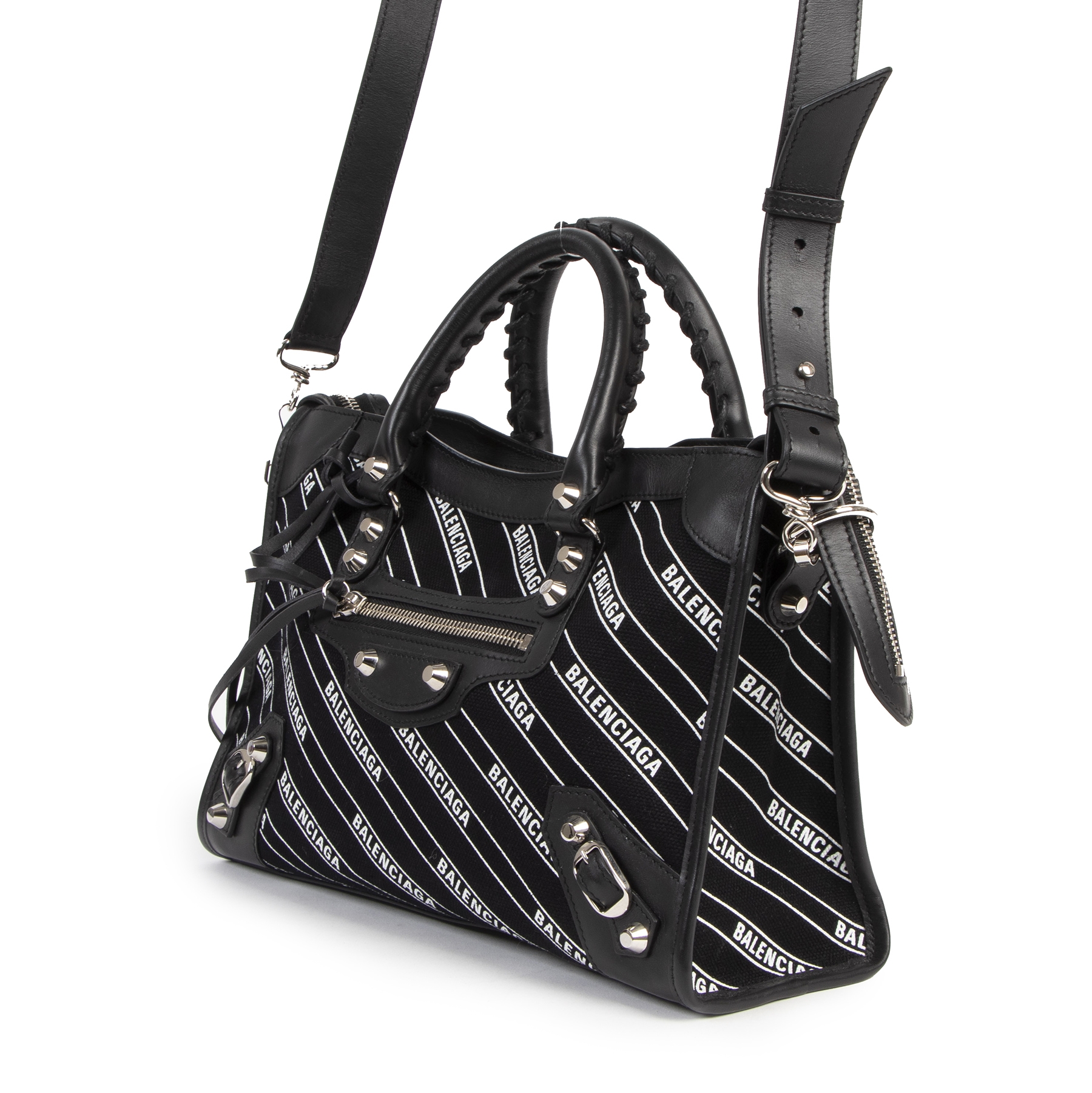 Balenciaga City S Black Leather And Logo Fabric Bag