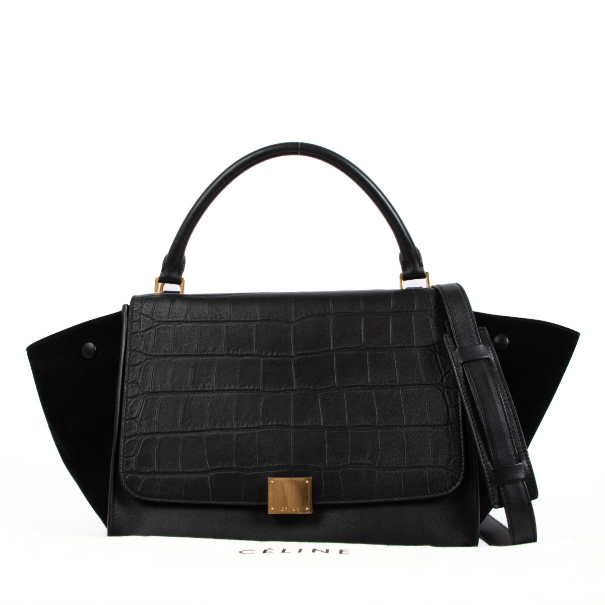 Celine Black Crocodile Embossed Medium Trapeze Bag Labellov
