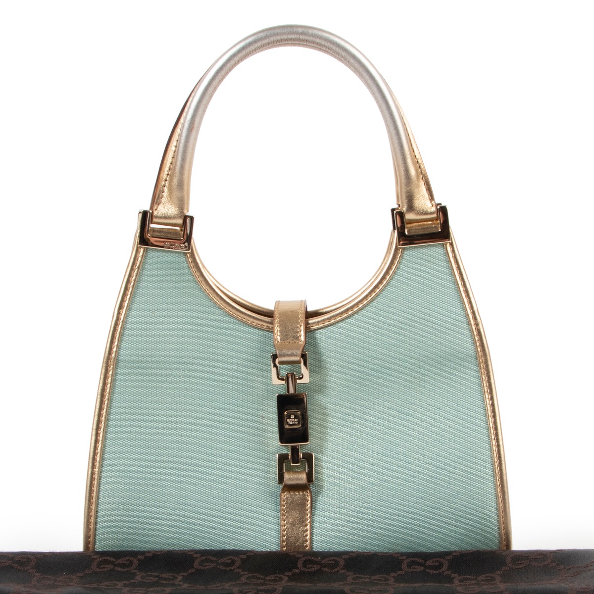 Gucci Vintage Gold Turquoise Fabric Jackie Top Handle Bag
