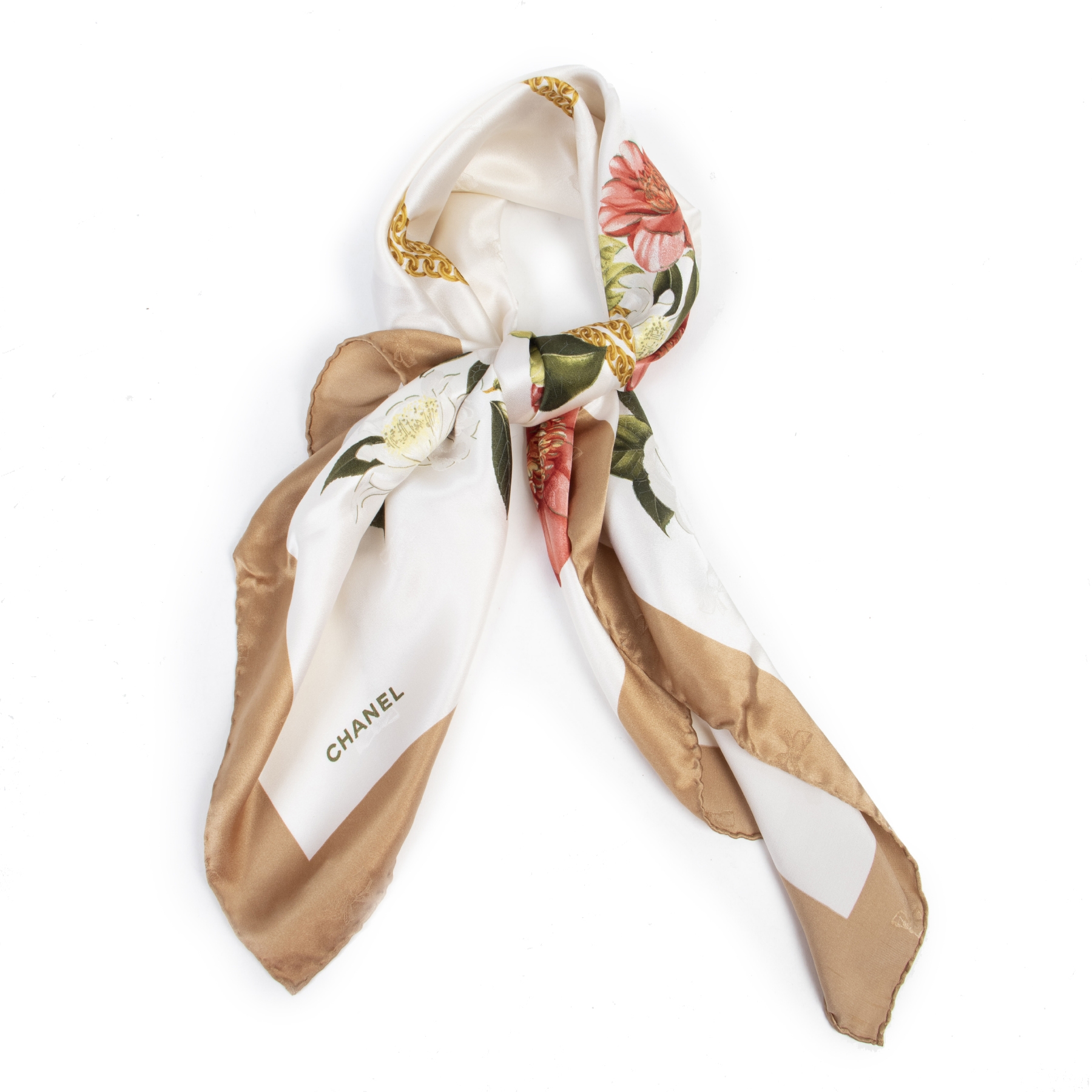 Chanel Beige Flower Pattern Silk Scarf ○ Labellov ○ Buy and Sell