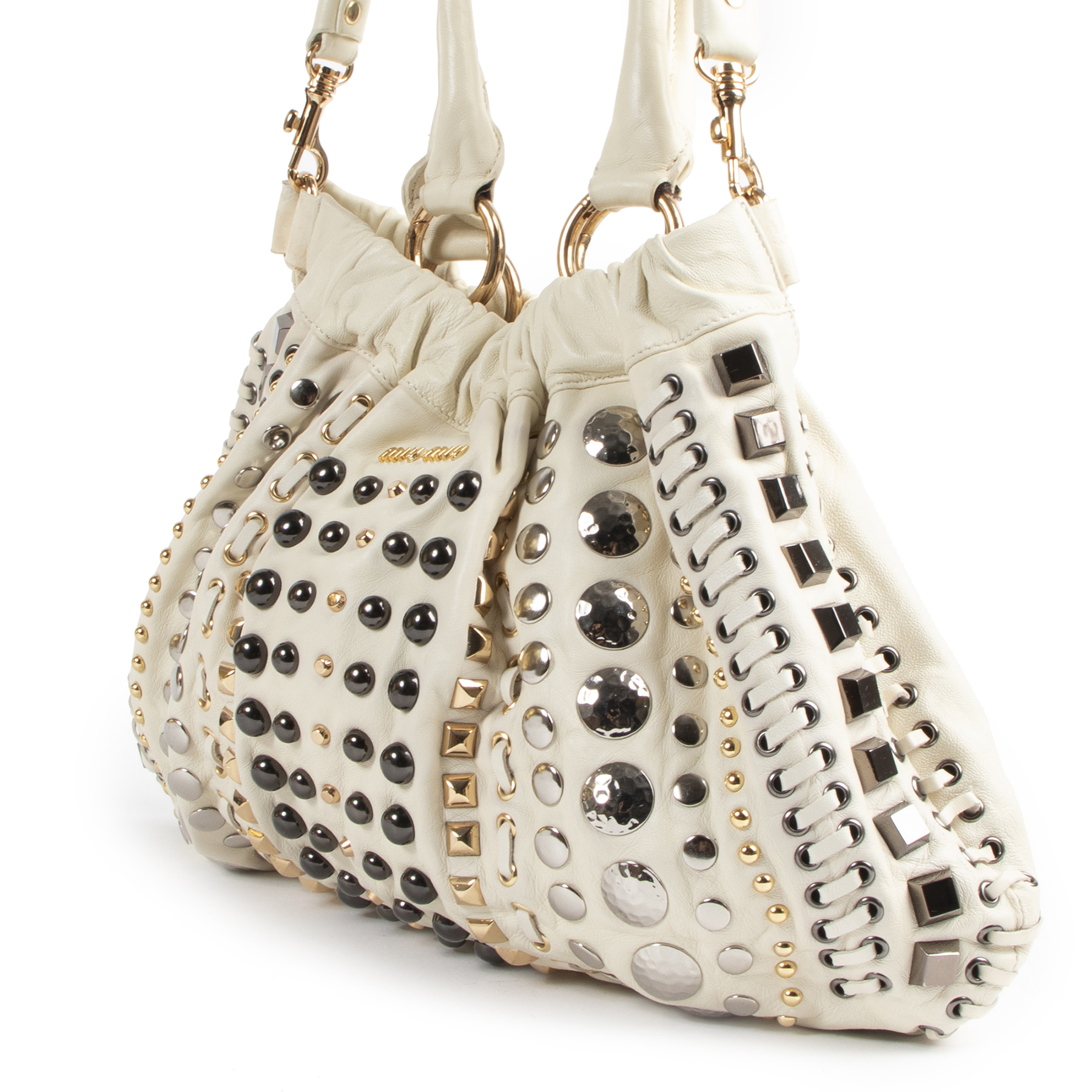 Miu Miu White Studded Leather Shoulder Bag ○ Labellov ○ Buy and