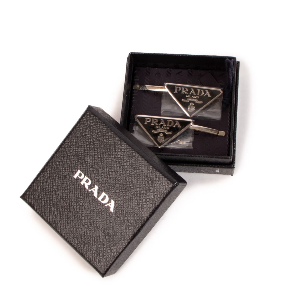 Prada Black Metal Triangle Logo Hair Clips ○ Labellov