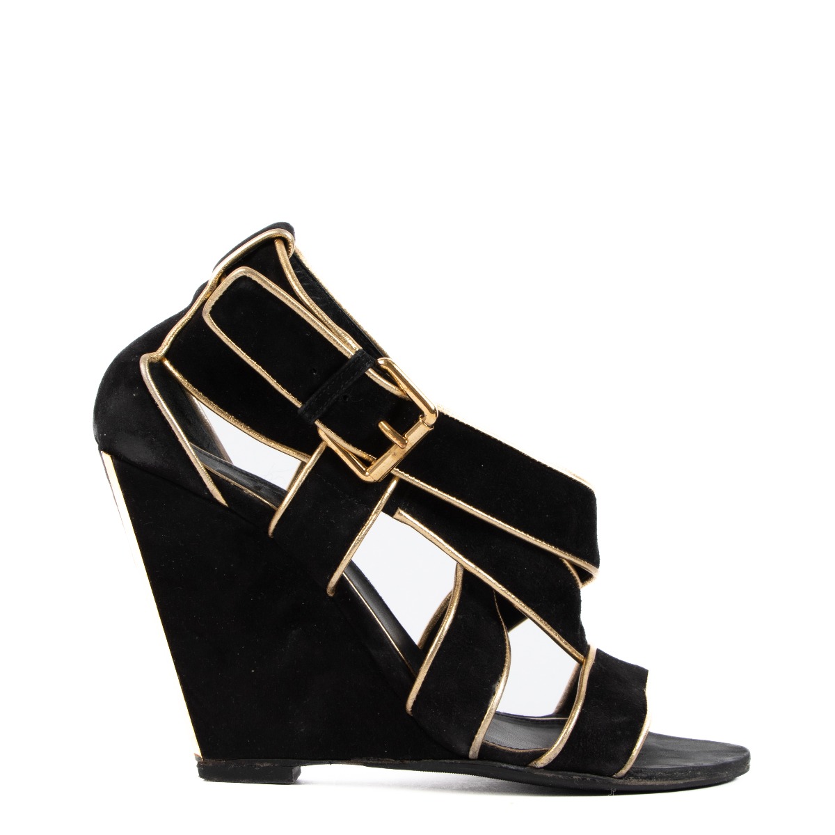 Louis Vuitton Black Gold Suede Strappy Wedge Sandals Labellov Buy and Sell Authentic Luxury