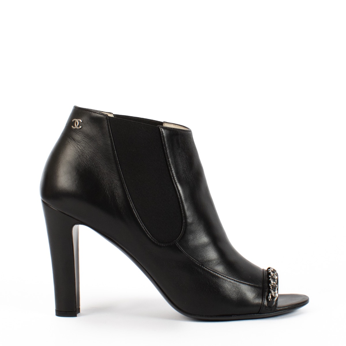 Chanel Black Chain Peep Toe Leather Boots Size 41 1 2 Labellov Buy and Sell Authentic Luxury