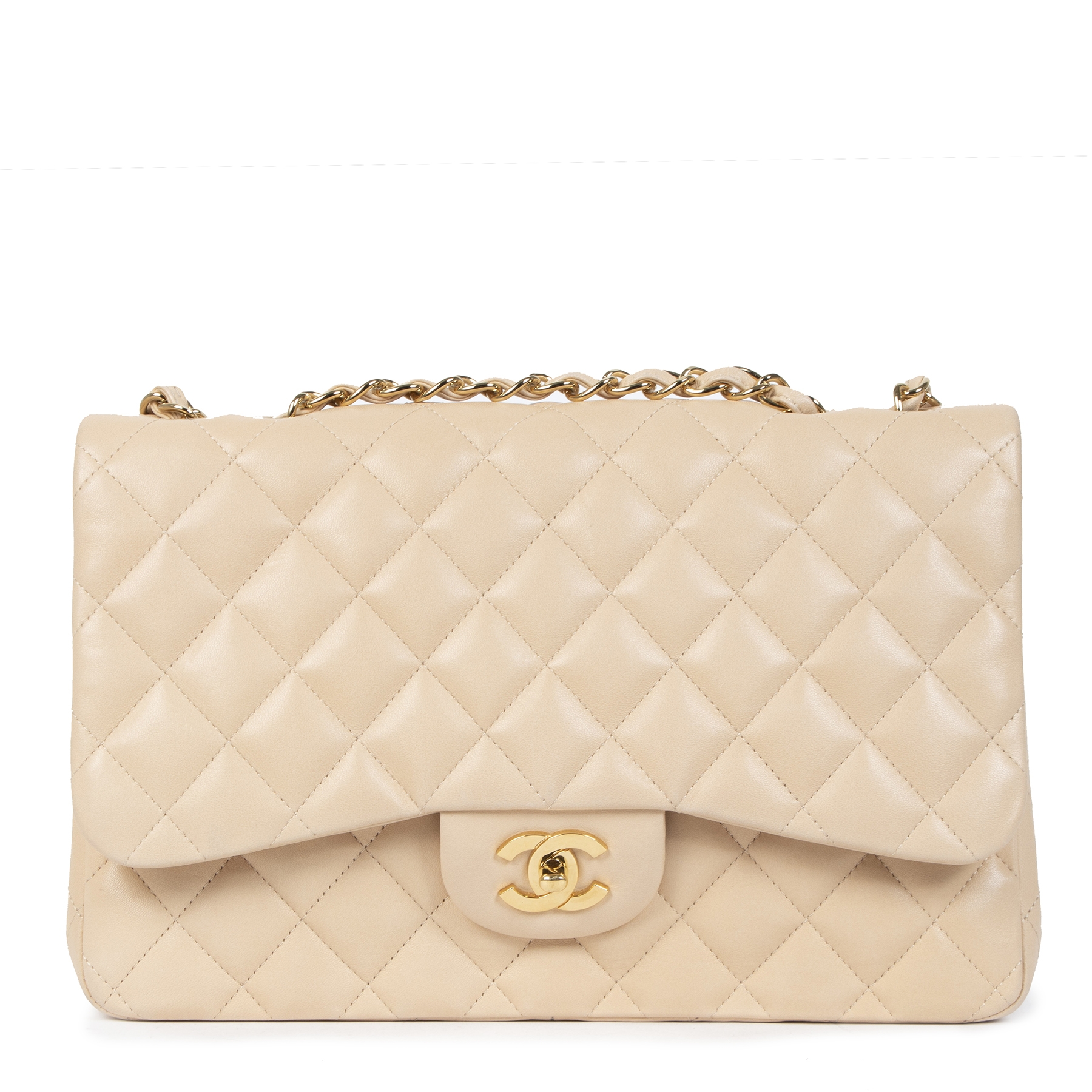 Chanel Classic Single Flap Jumbo Tan Beige Lambskin Gold