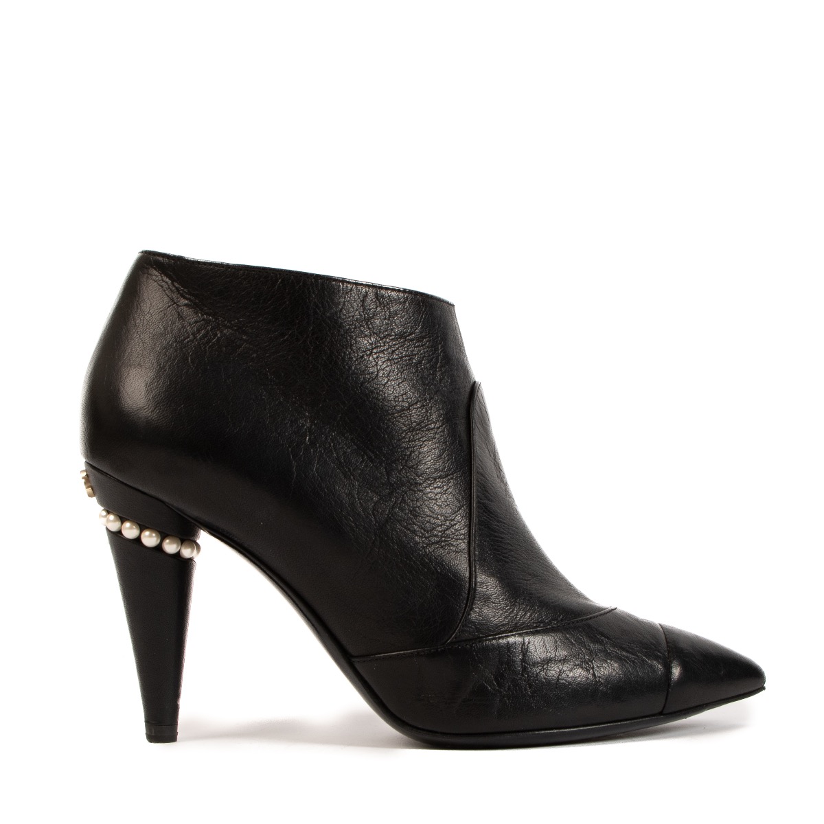Chanel Black Leather Pearl Ankle Boots - size 36 ○ Labellov