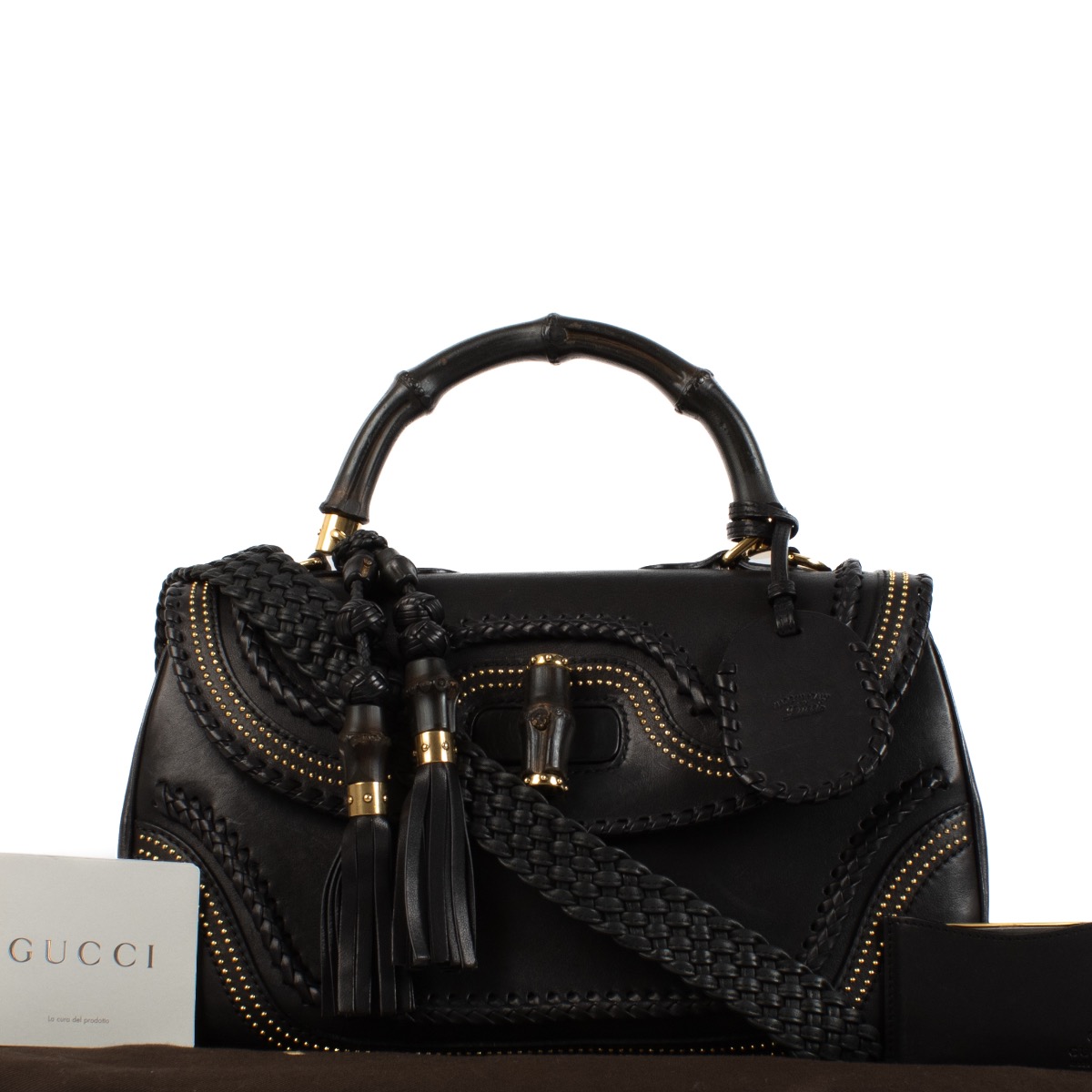 Gucci Black Leather Studded Large New Bamboo Top Handle Bag