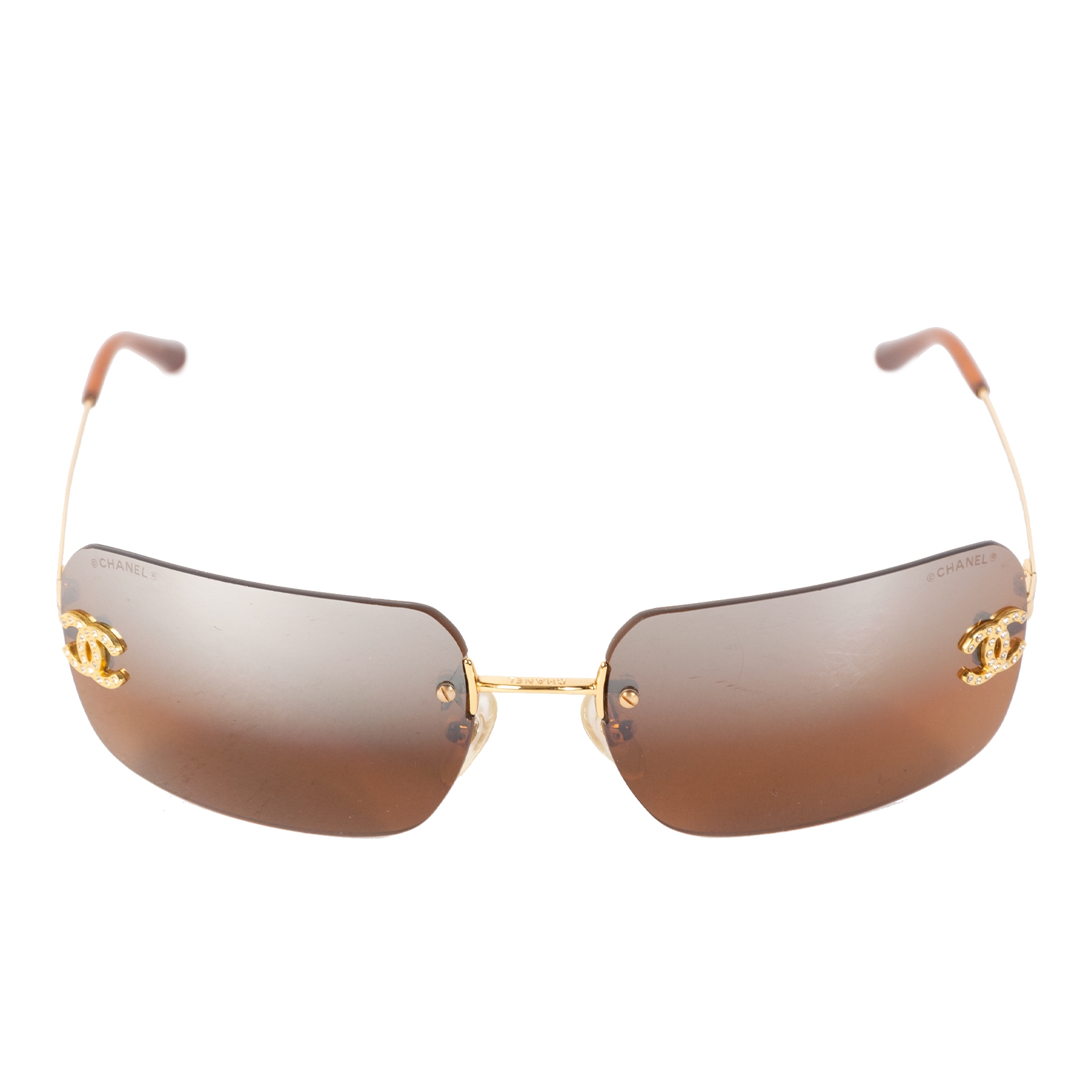 Chanel Gold Brown Rimless Crystal CC Logo Sunglasses ○ Labellov ○ Buy and  Sell Authentic Luxury