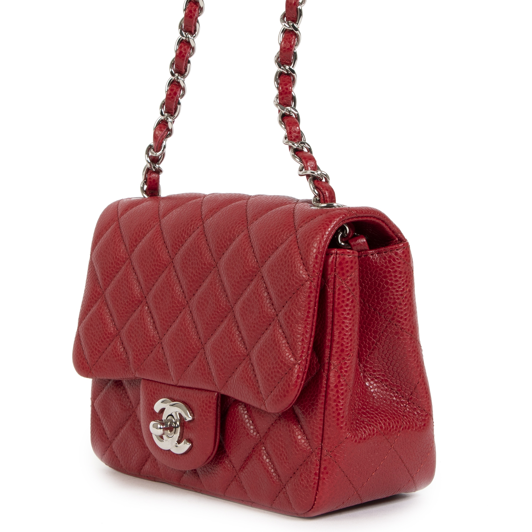 Chanel 22C Red Quilted Caviar Rectangular Mini Classic Flap Chain Bag  3ca215s