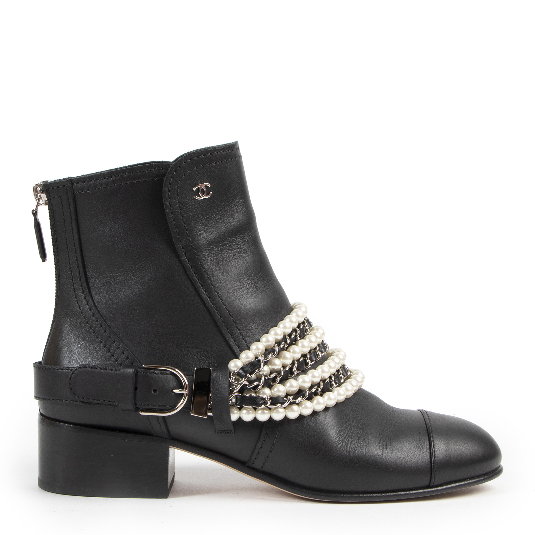 Chanel black shop boots with pearls