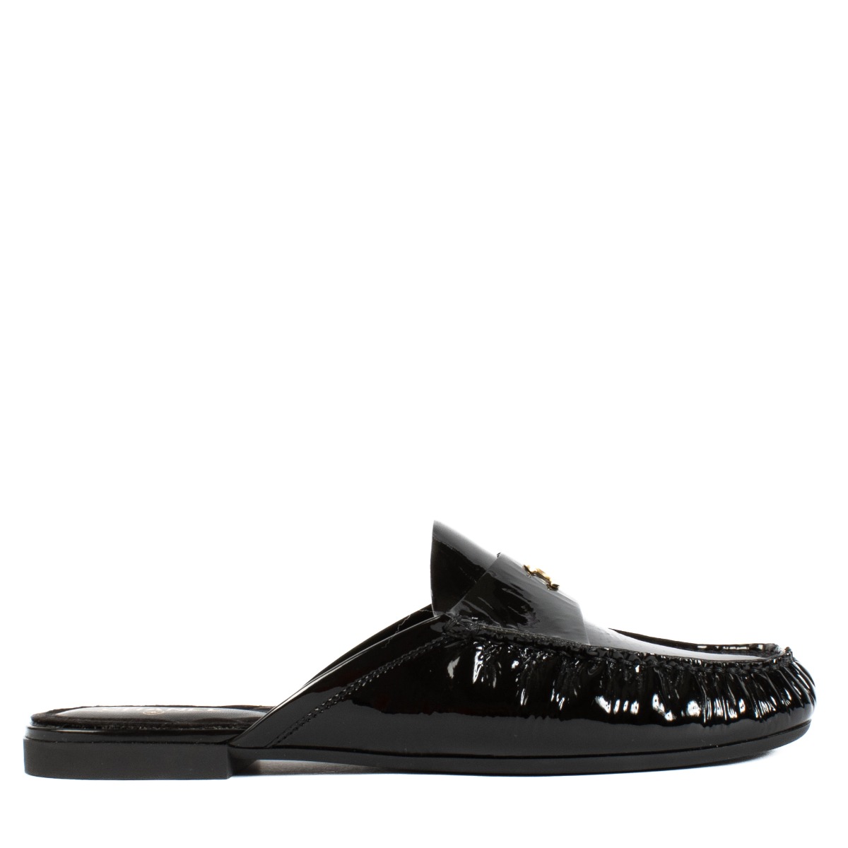Chanel 18C Black Patent Leather Interlocking CC Logo Mules
