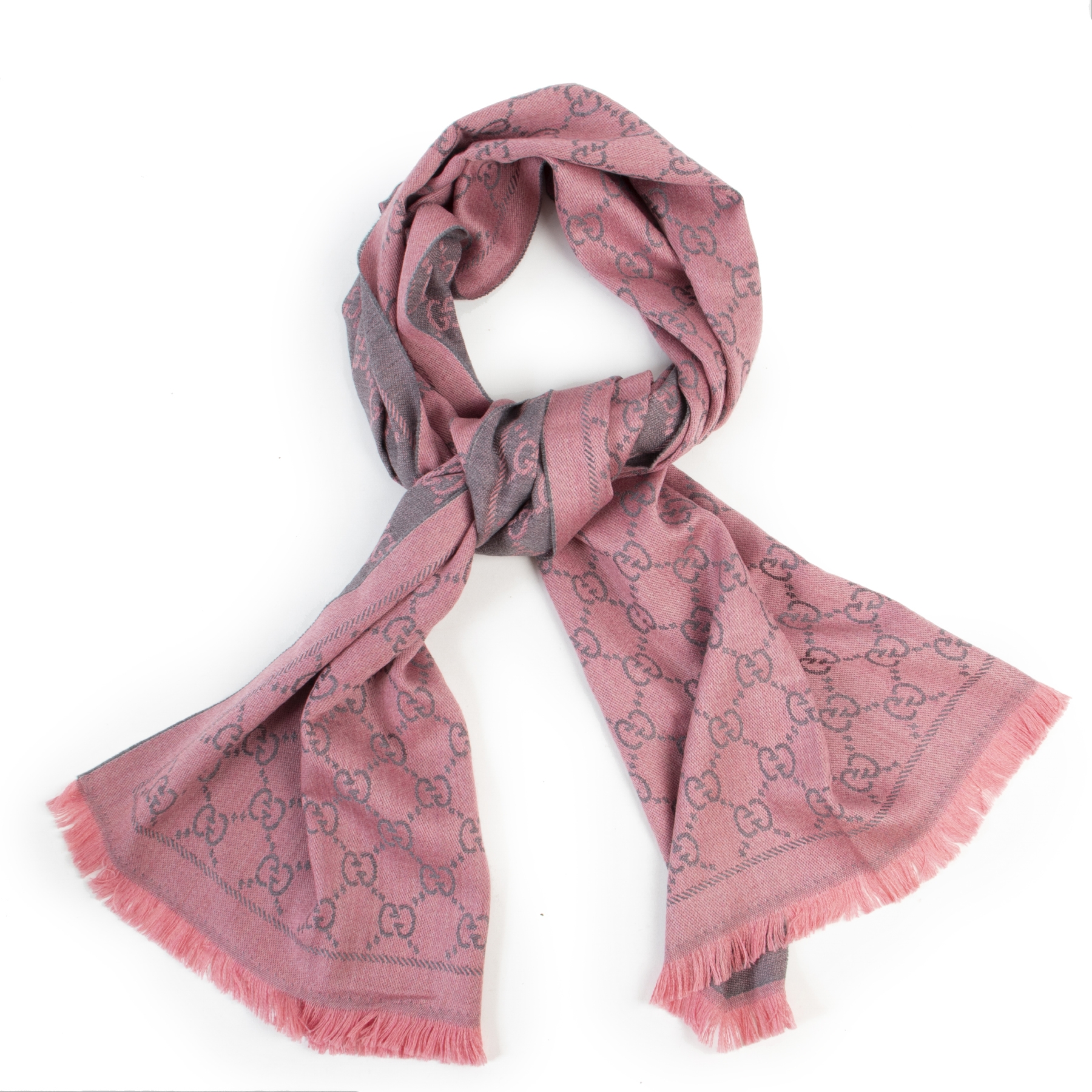 Gucci GG Logo Monogram Wool Jacquard Light Pink 'Sten' Scarf With Fringe