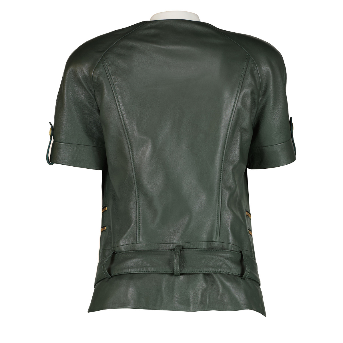 Pierre Balmain Green Leather Short-Sleeve Biker Jacket