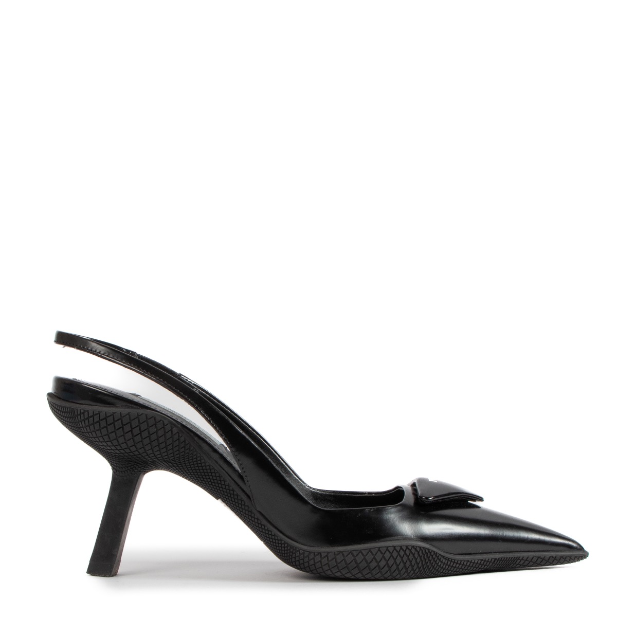 PRADA　フラットミュール ポインテッドトゥ37 Prada Black Triangle Patch Slingback Pumps - Size 37