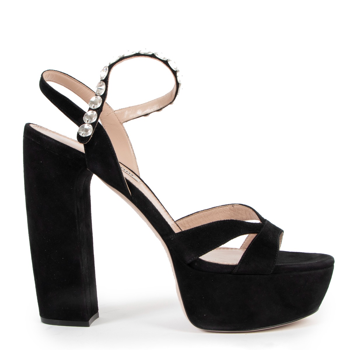 Miu Miu Black Suede Crystal Embellished Platform Sandals Labellov Buy and Sell Authentic Luxury