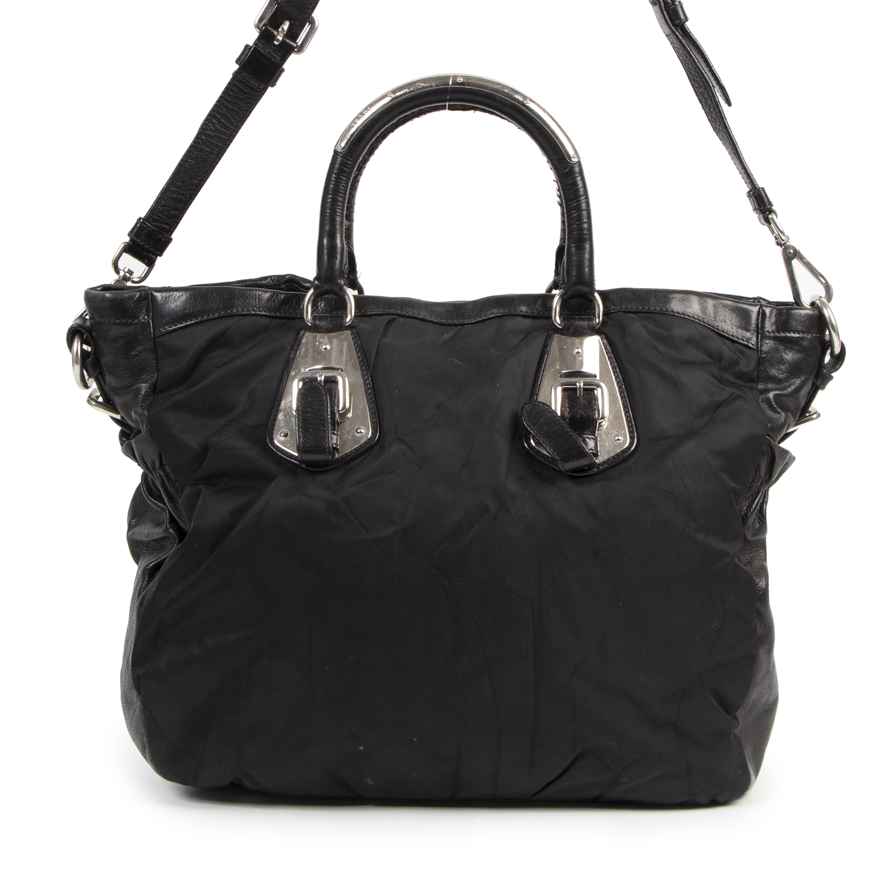 【送料&関税込】Prada Black Leather Handbag Prada Buckle Medium Leather Handbag with Belt | Saks Fifth