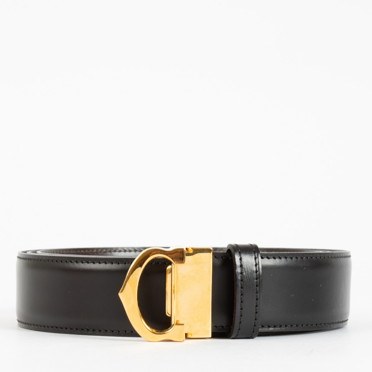Cartier Black Leather Belt with Gold C Buckle - Size 117