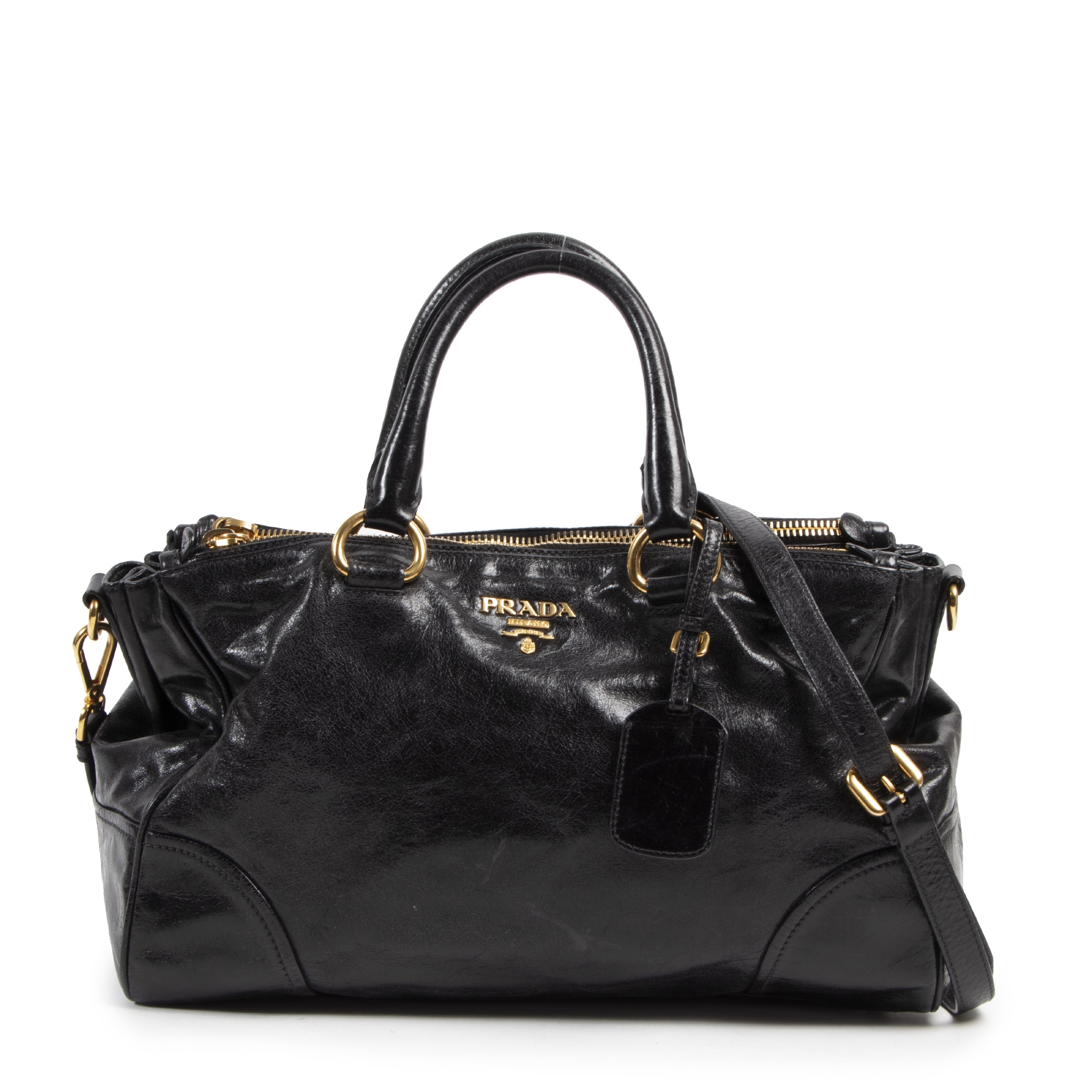 PRADA VITELLO SHINE ブラック ハンドバッグ Prada Vitello Shine Black Patent Leather Satchel ○ Labellov