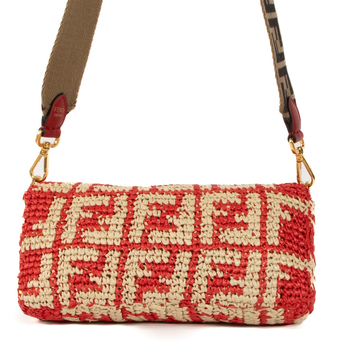 Fendi Red FF Logo Raffia Baguette Bag ○ Labellov ○ Buy and