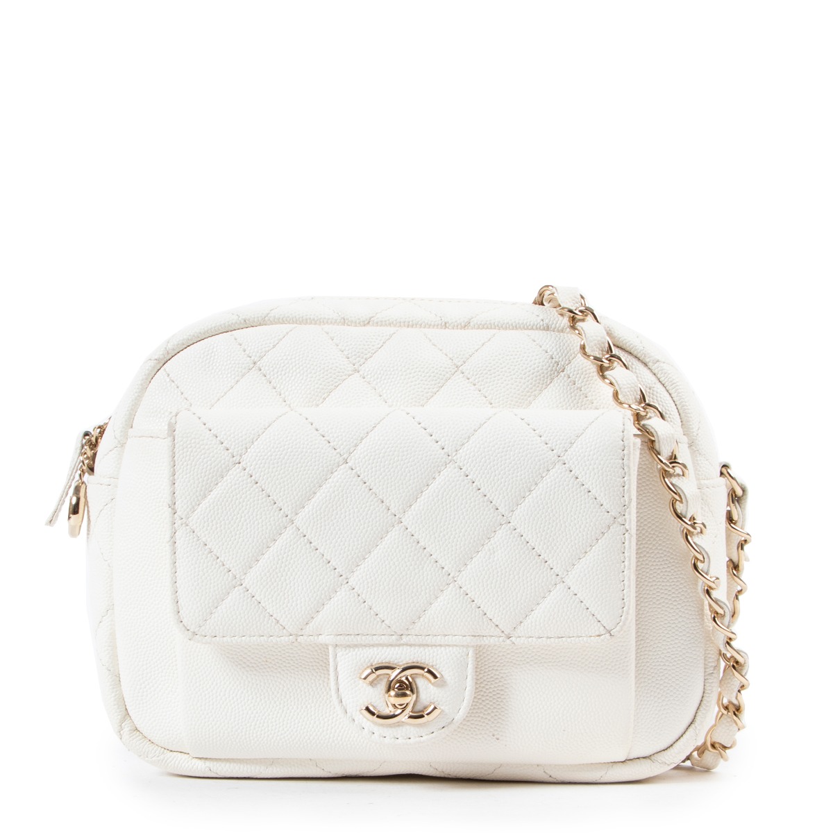 Chanel White Quilted Caviar Leather Day Camera Crossbody Bag