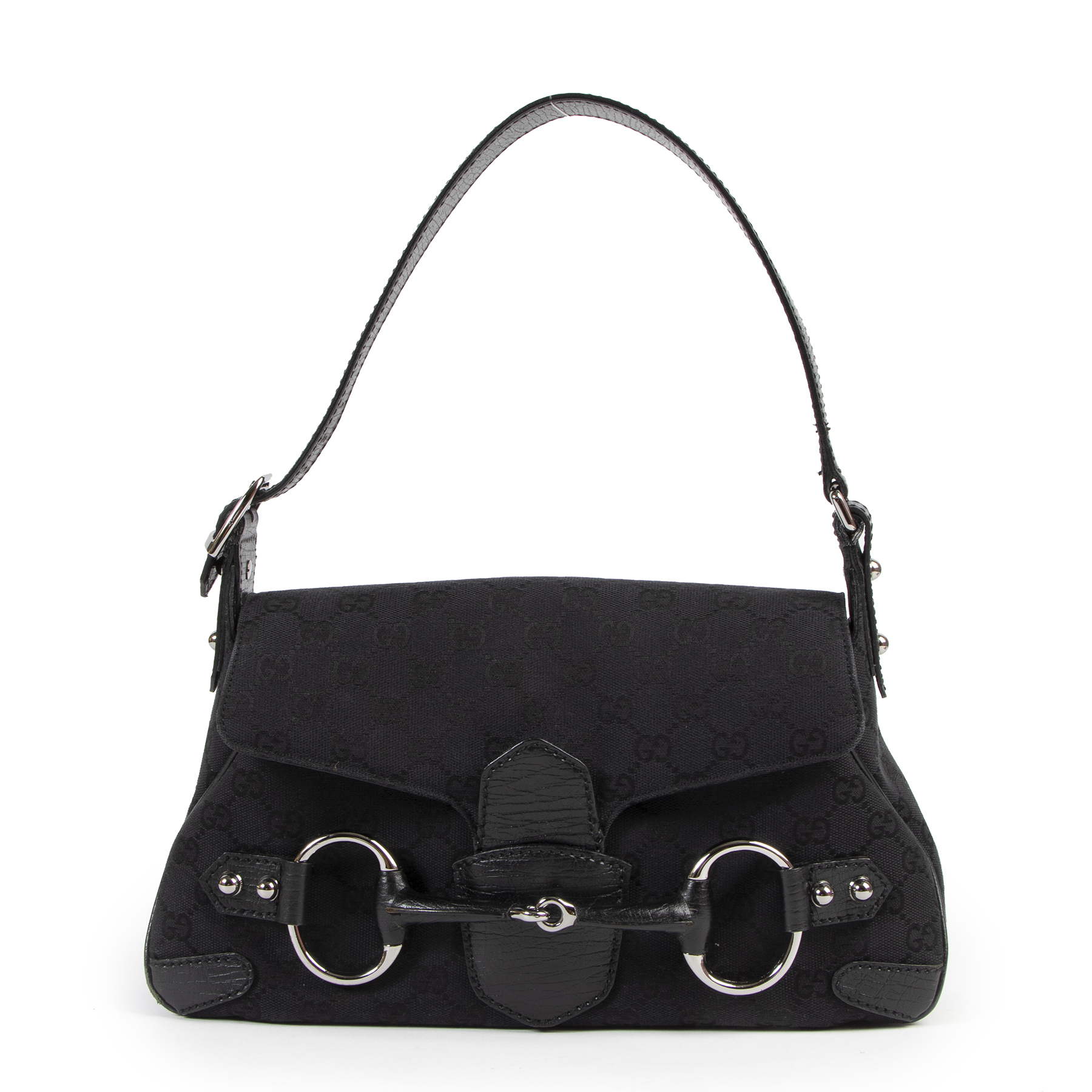 バッグ GUCCI GG Horsebit Shoulder Handbag Black Gucci Black Monogram Canvas Horsebit Shoulder Bag ○ Labellov