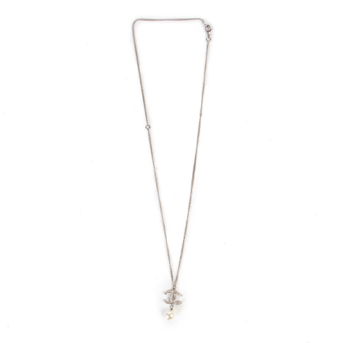 Chanel Silver Crystal Twisted CC Pearl Drop Pendant Necklace