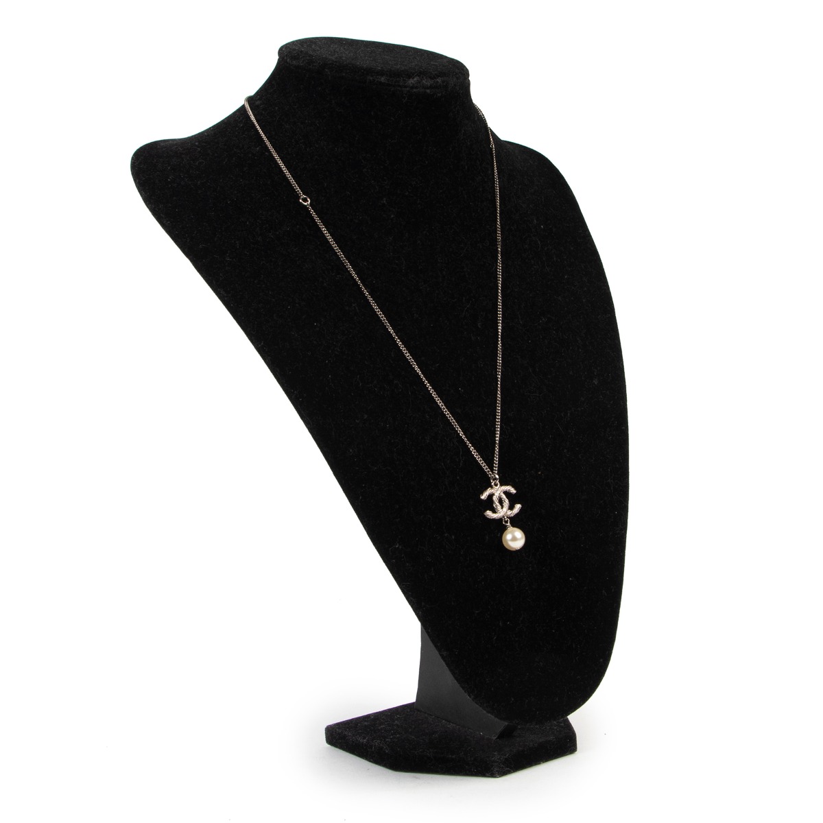 Chanel Silver Crystal Twisted CC Pearl Drop Pendant Necklace