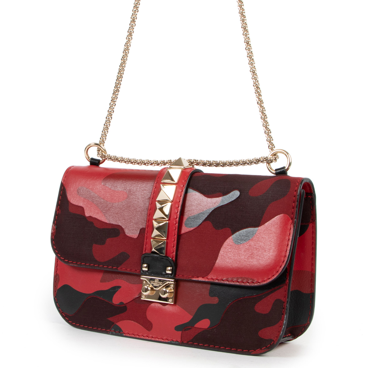 Valentino Garavani Red Camo Medium Glam Lock Rockstud Bag