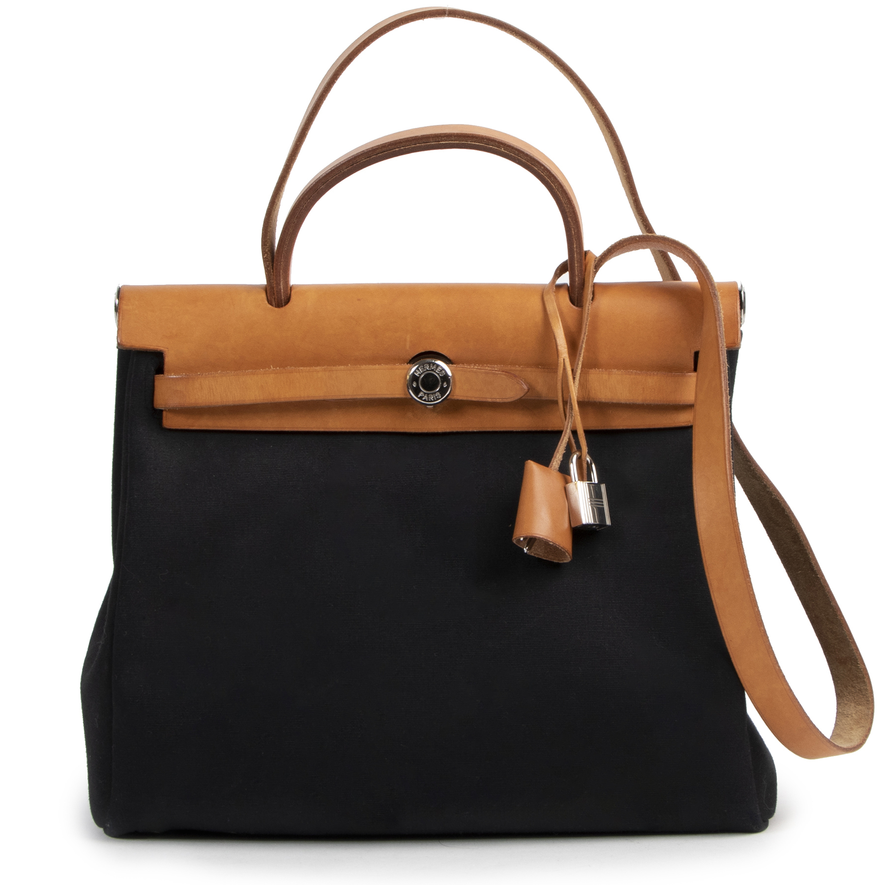 Hermès Black And Beige Canvas 2 in 1 Herbag ○ Labellov Hermès Black And Beige Canvas 2 in 1 Herbag ○ Labellov