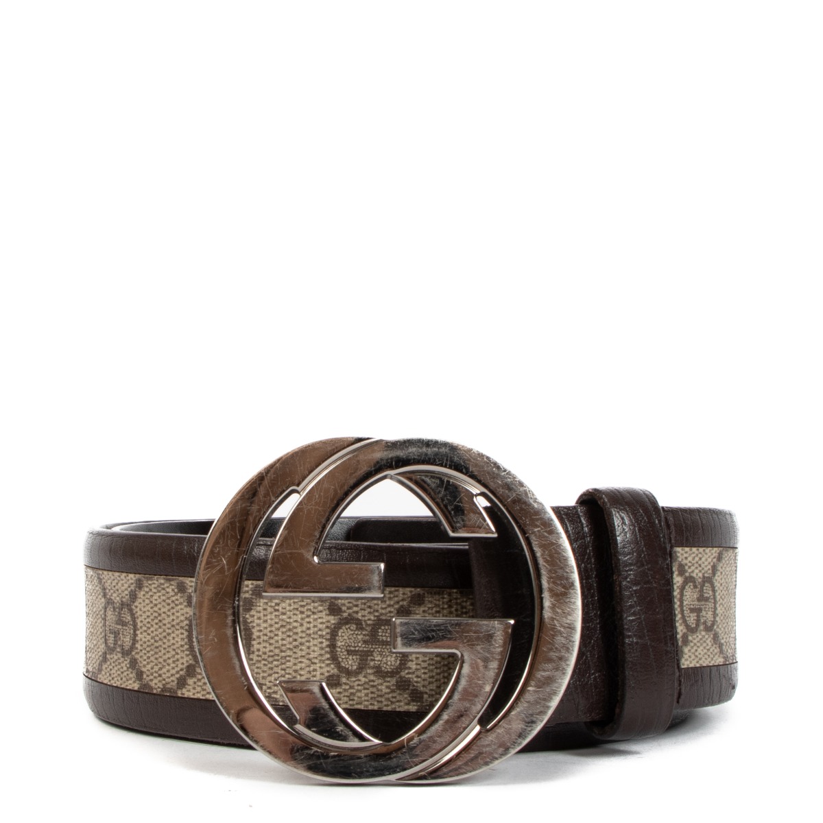 Gucci 525040 GG Logo Buckle Monogram Canvas Leather Belt Size 85/34 CBLRXSA 144010018346