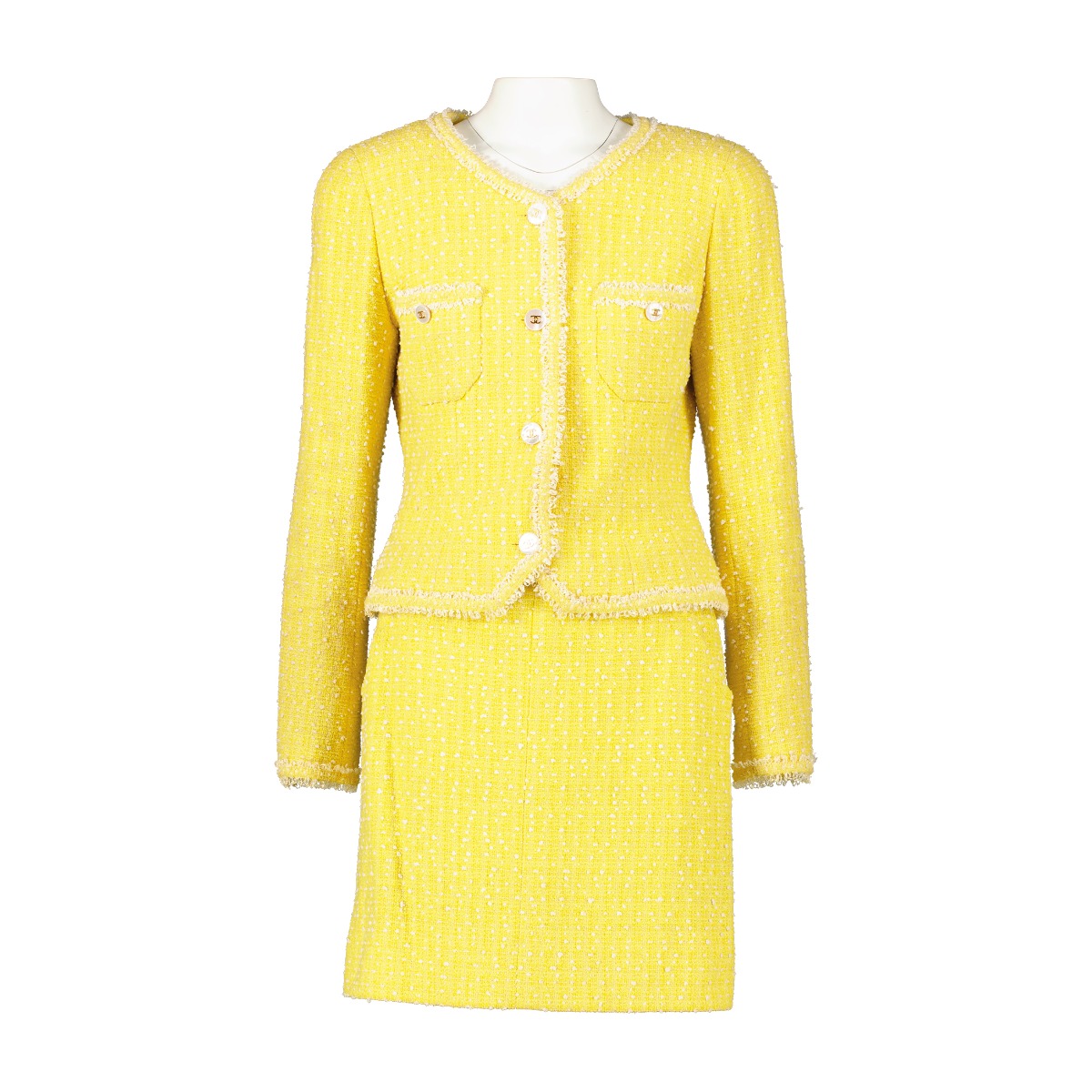 Chanel Spring 1997 Yellow Tweed Jacket & Skirt Set - Size FR38