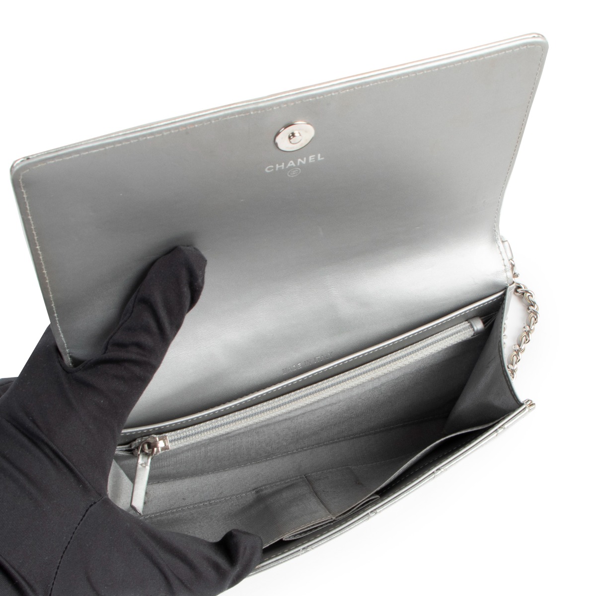 Chanel Silver Patent Leather Boy Wallet On Chain Shoulder