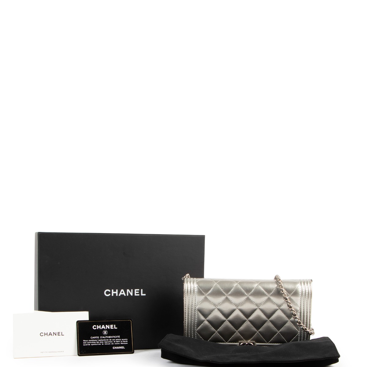 Chanel Silver Patent Leather Boy Wallet On Chain Shoulder Bag/ Clutch ○  Labellov ○ Buy and Sell Authentic Luxury