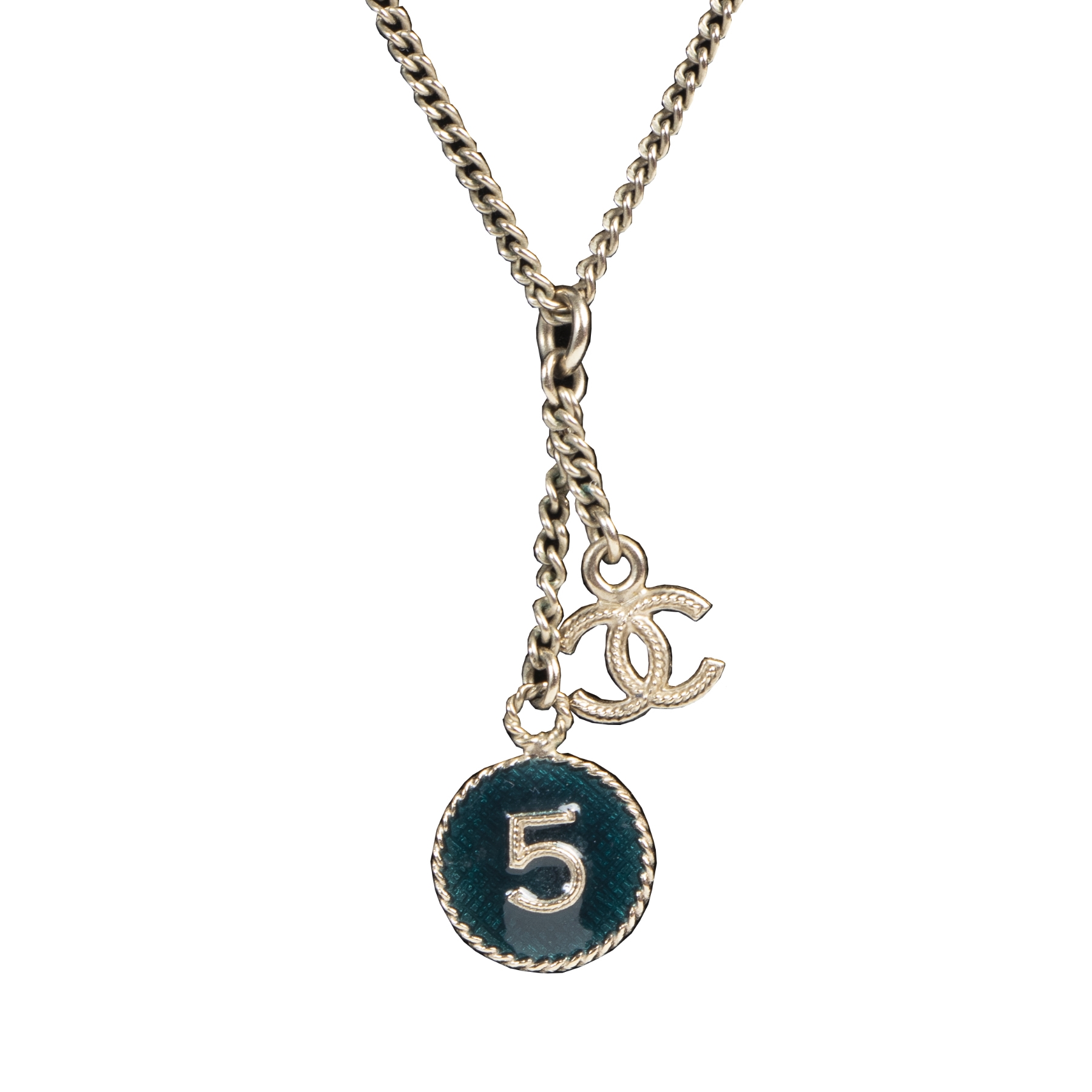 Chanel CC Emerald Blue No. 5 Necklace Labellov Buy and Sell