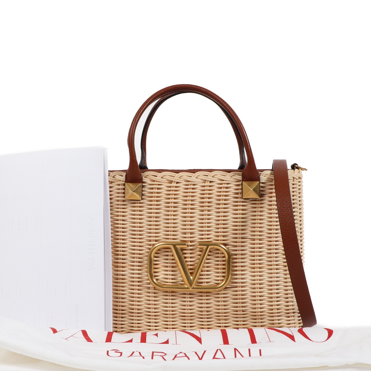 【送料込み】VALENTINO_Raffia V-logo Signature Handbag Valentino Garavani - White V-Logo Signature Raffia & Leather