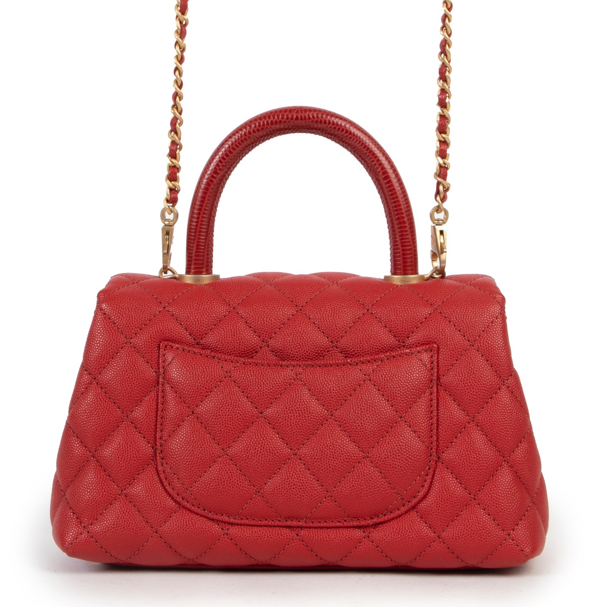 Chanel Red Caviar Quilted Small Lizard Coco Handle Flap Bag