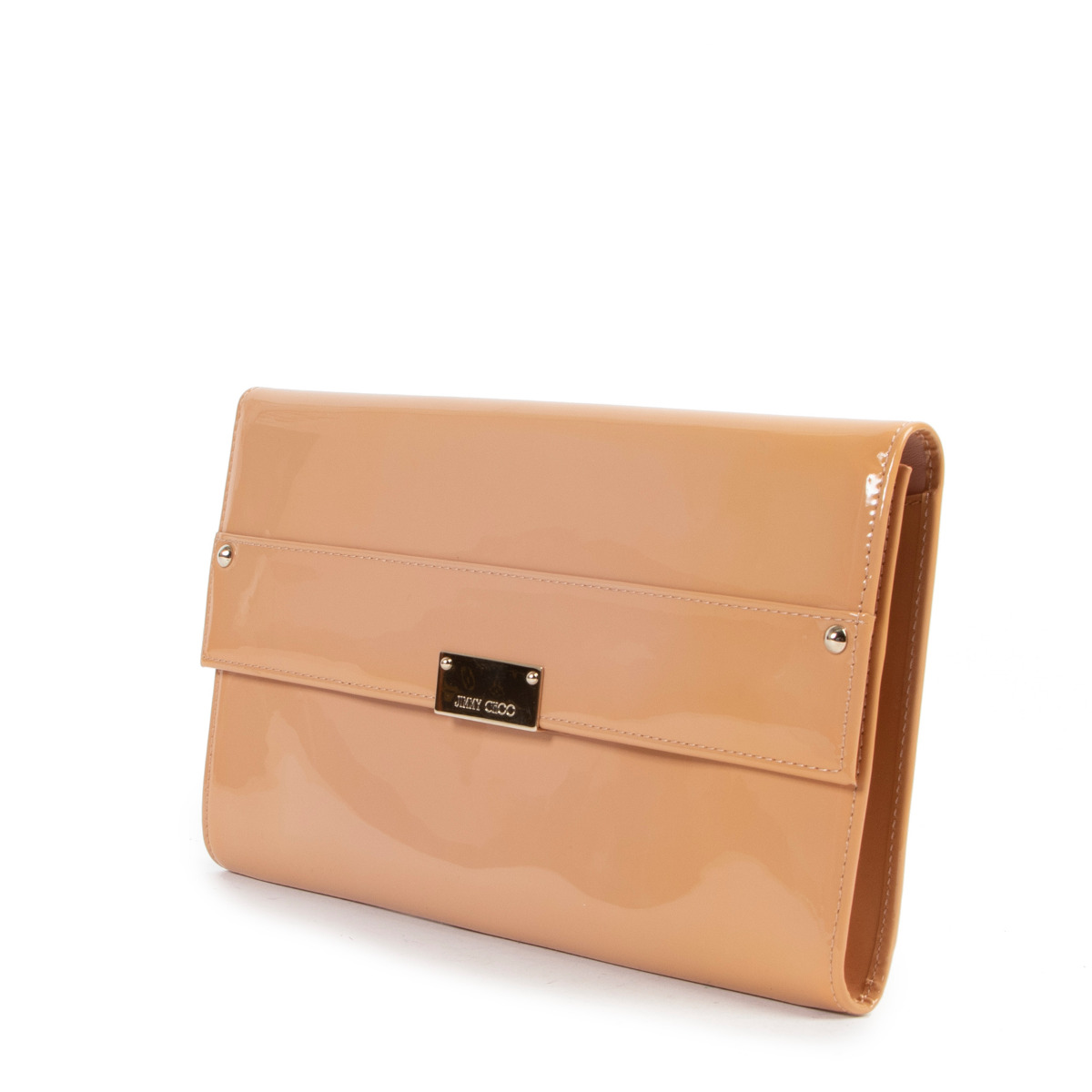 Beige patent top leather clutch