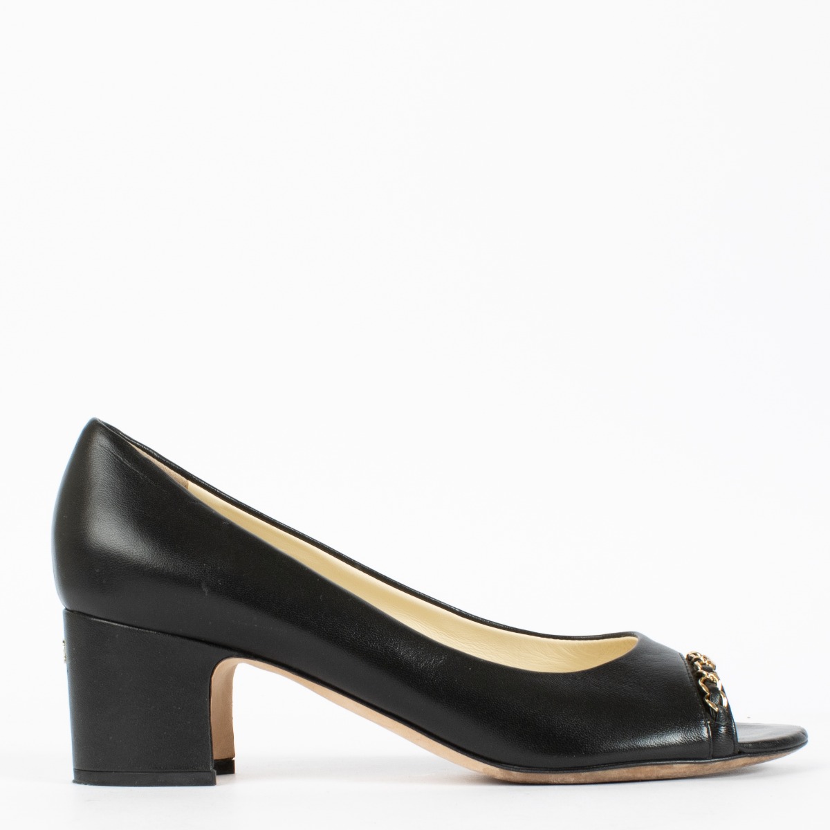 Chanel Black Lambskin Chain Trim Peep Toe Block Heels — Size 39.5