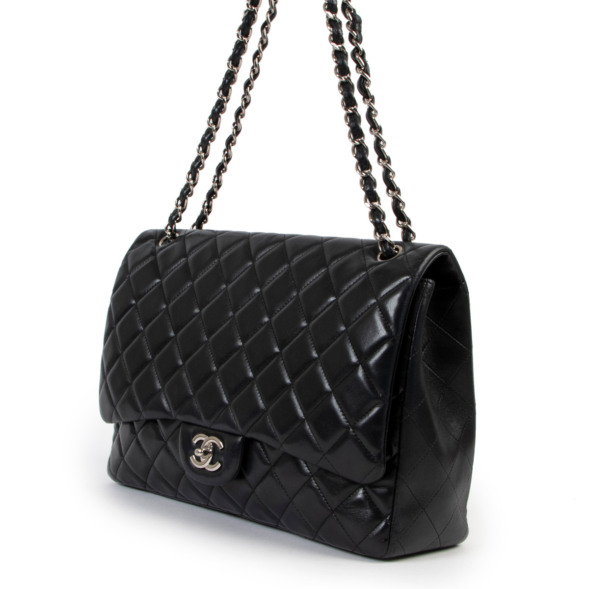 Authentic Chanel Black Lambskin Leather Quilted Single Flap Classic Maxi Bag