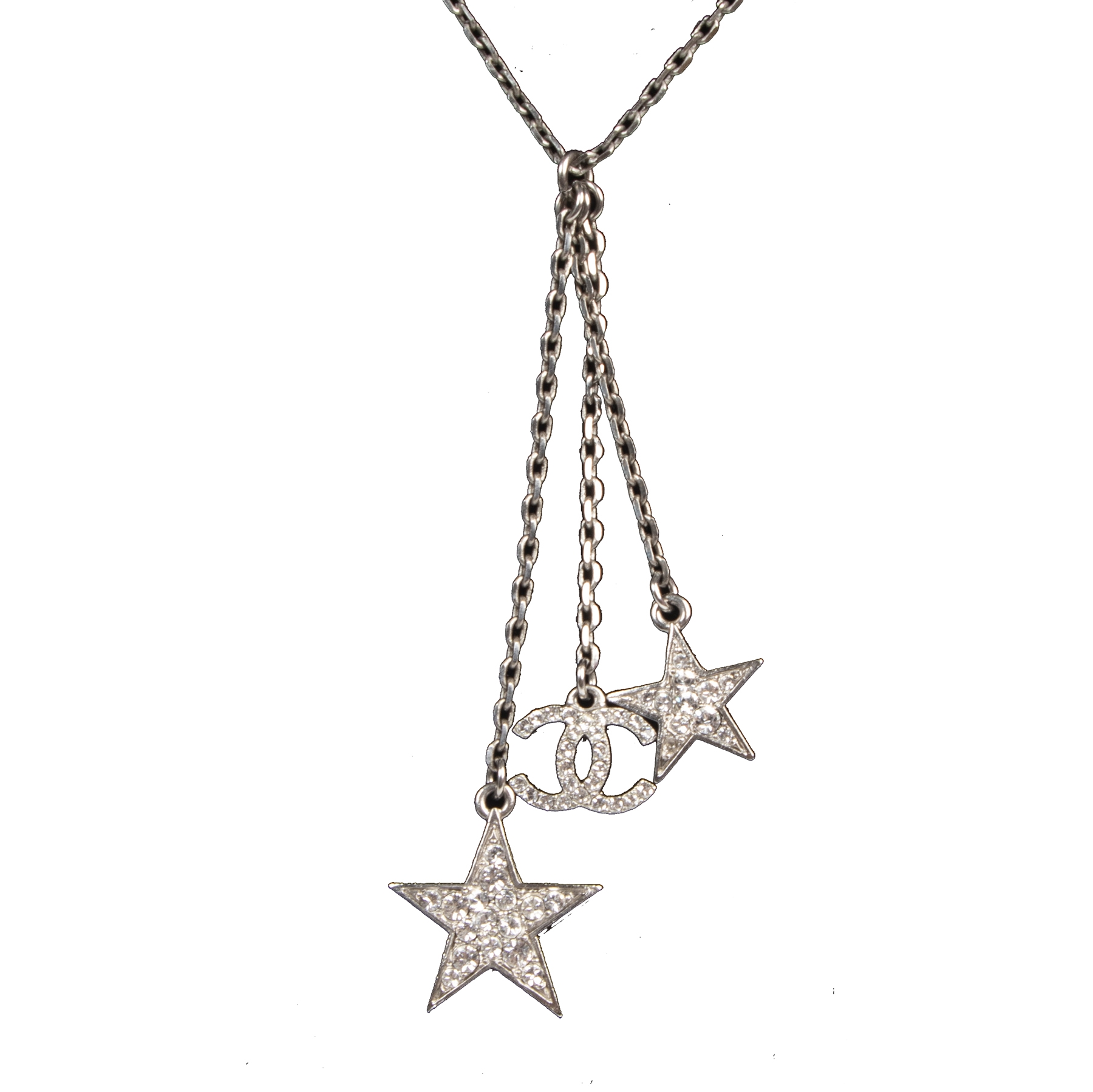 CHANEL Crystal CC Star Pearl Drop Necklace Silver 499082