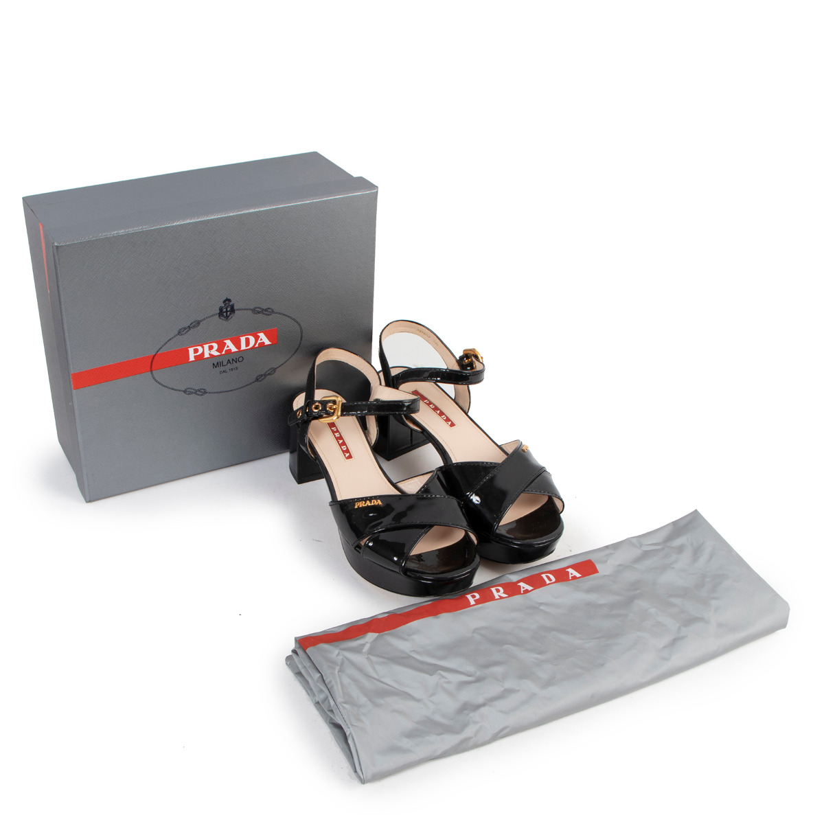 Prada Linea Rossa Black Patent Leather Platform Sandals