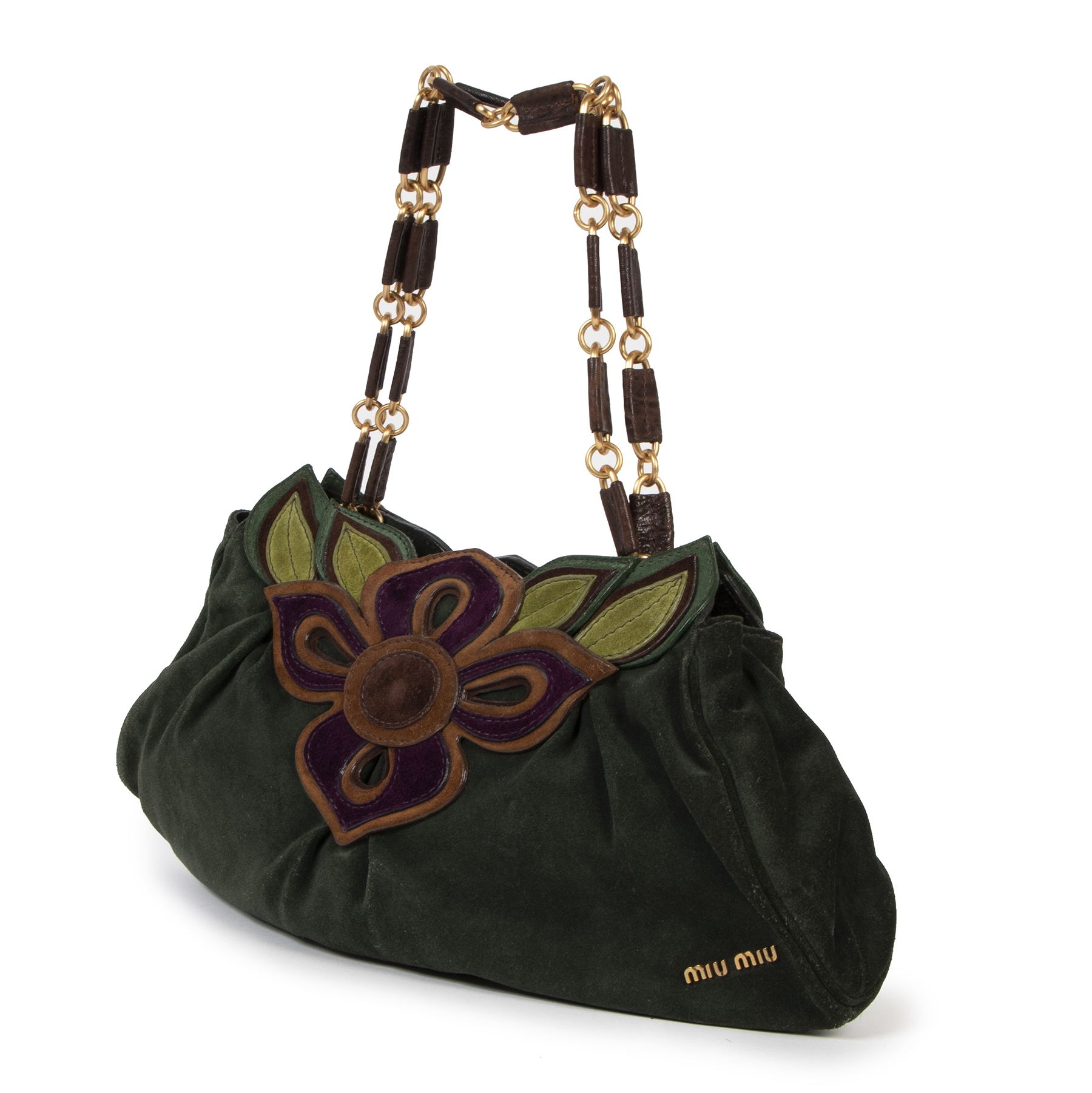 Miu Miu Green Suede Flower Shoulder Bag ○ Labellov ○ Buy and