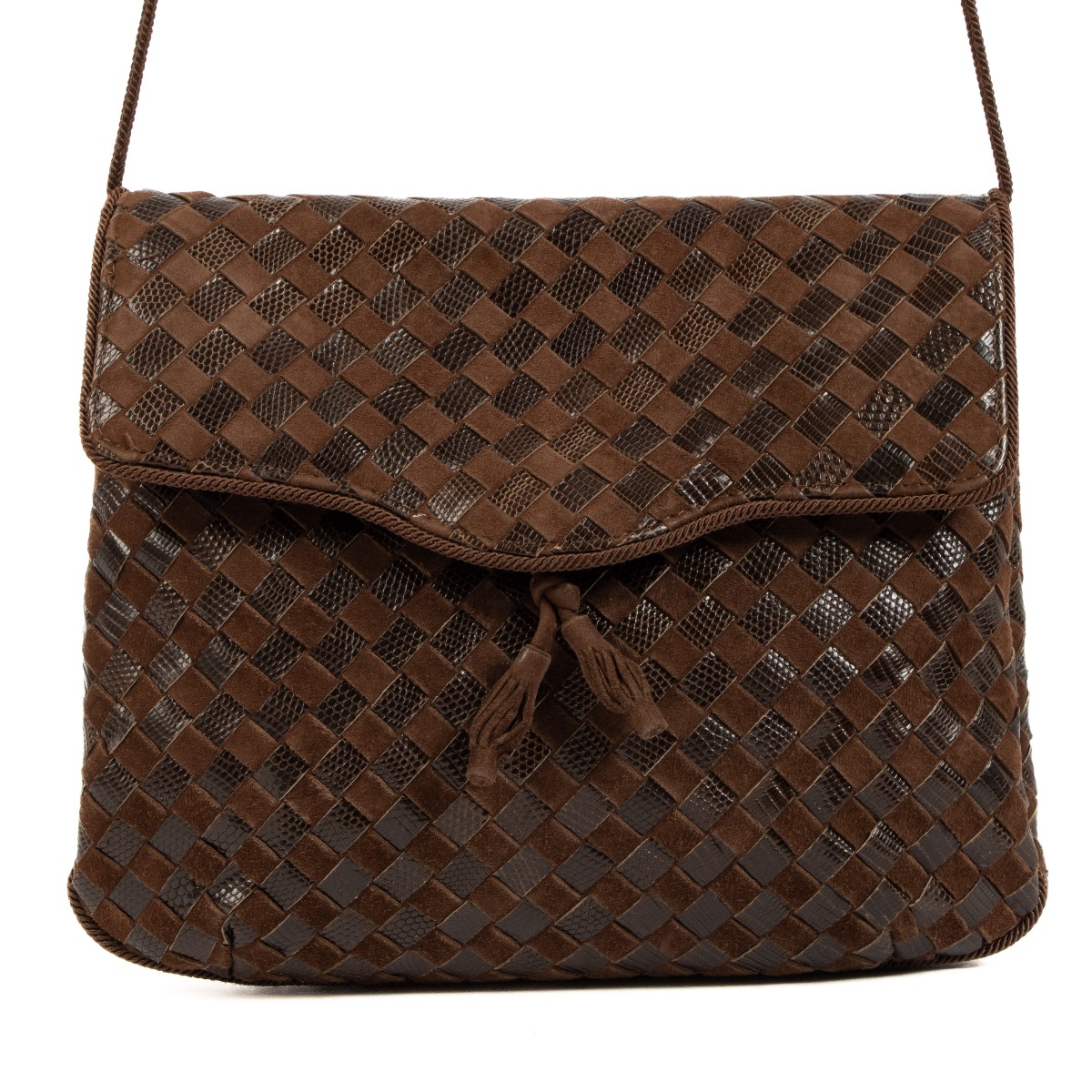 Bottega Veneta ブラウンレザーショルダーバッグ Bottega Veneta Vintage Brown Lizard/Suede Intrecciato Shoulder Bag