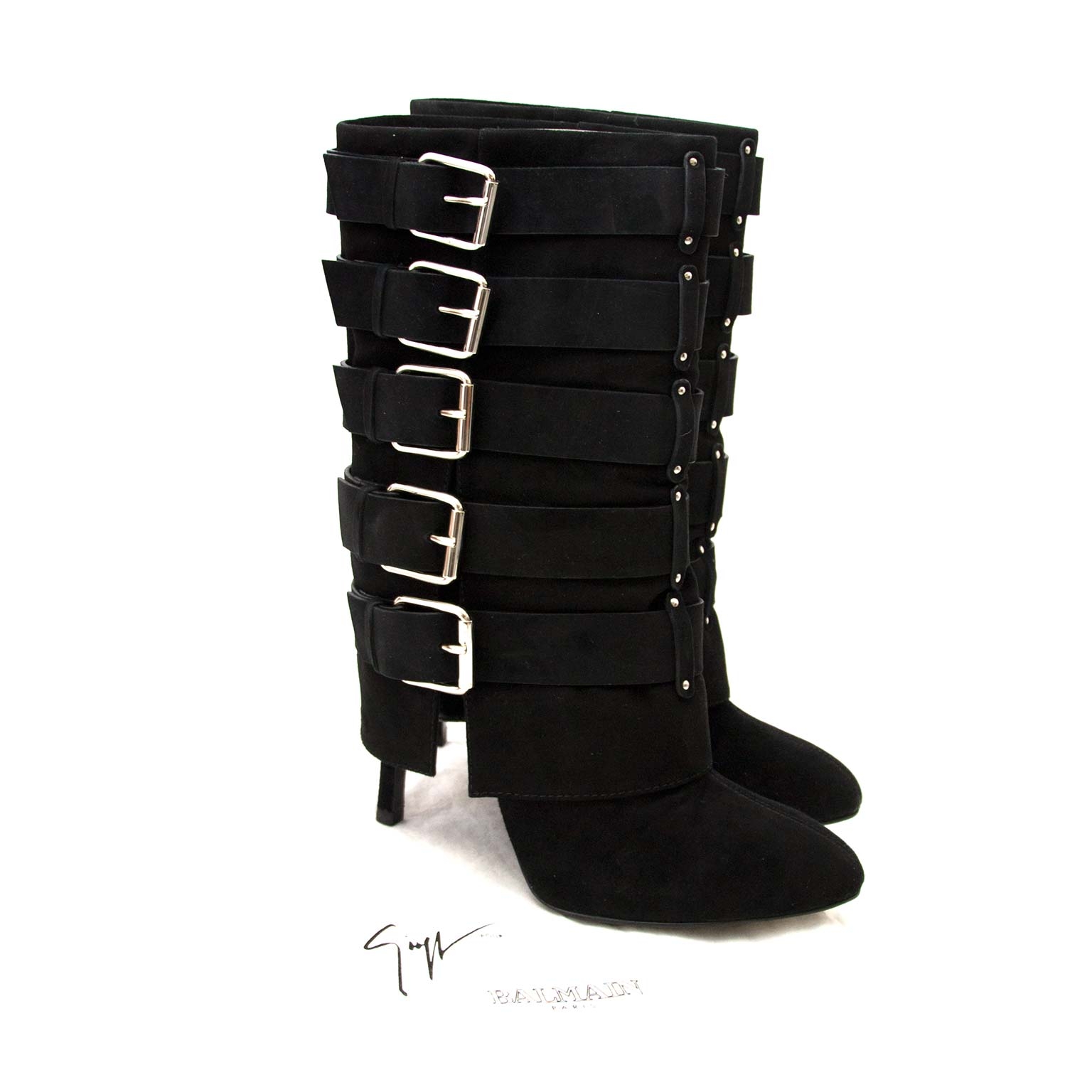 Giuseppe Zanotti For Balmain Black Suede Buckle Boots - Size 41