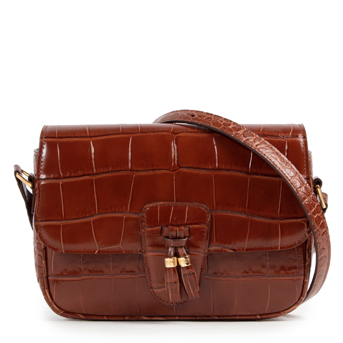 Celine Caramel Crocodile Embossed Medium Tassel Bag Labellov
