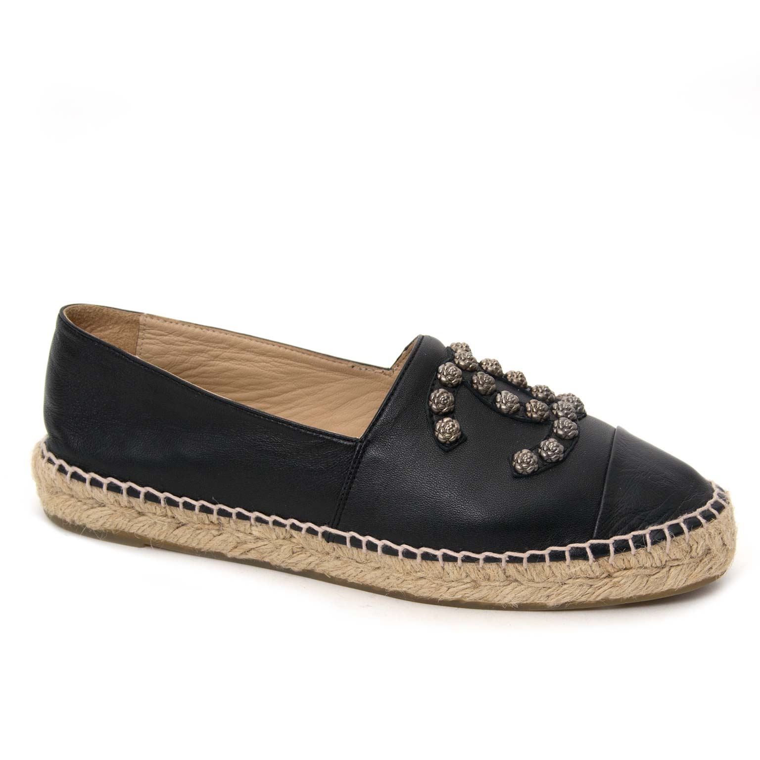 Chanel Black Leather Camelia Stud Cap Toe Espadrilles Flat Size 39 Chanel