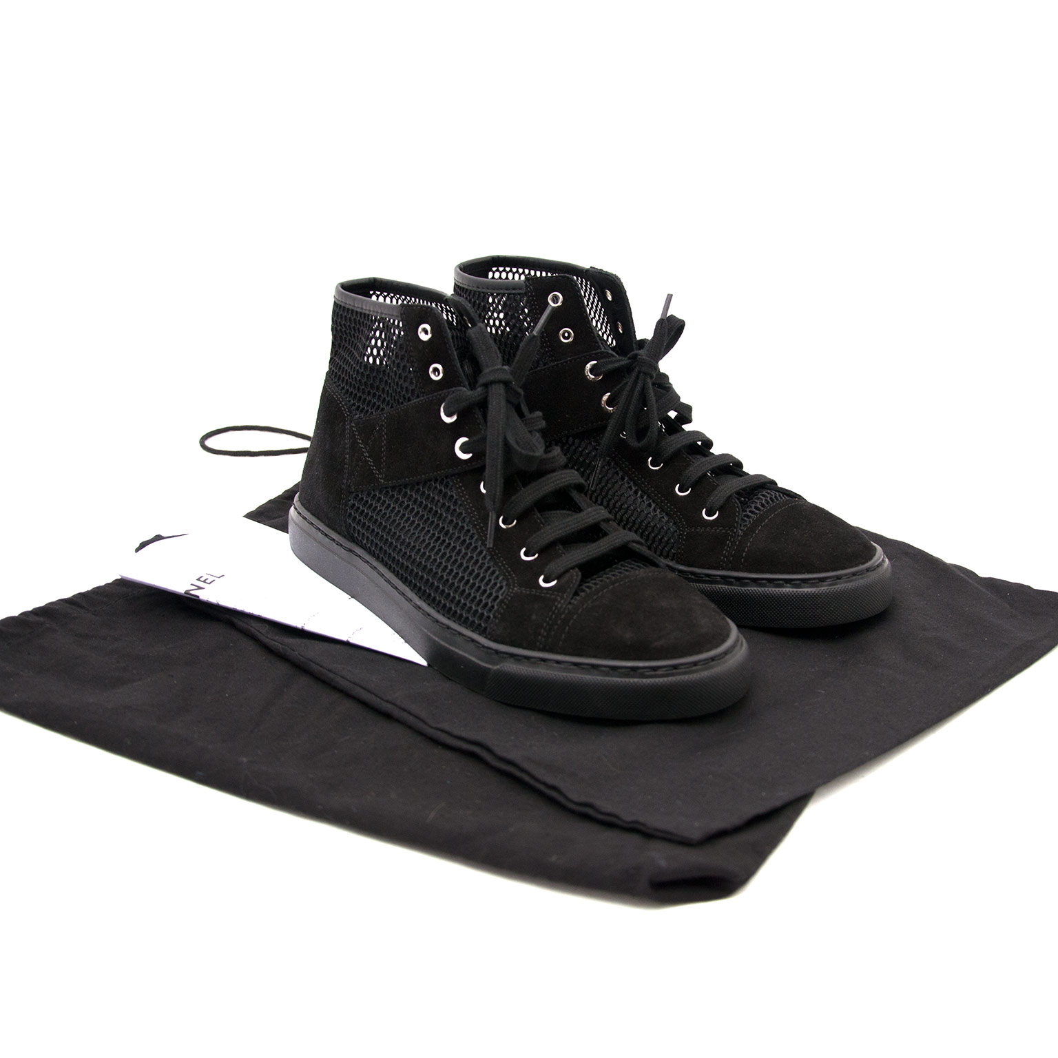 Chanel Black Suede Mesh High-Top Lace-Up Sneakers - size